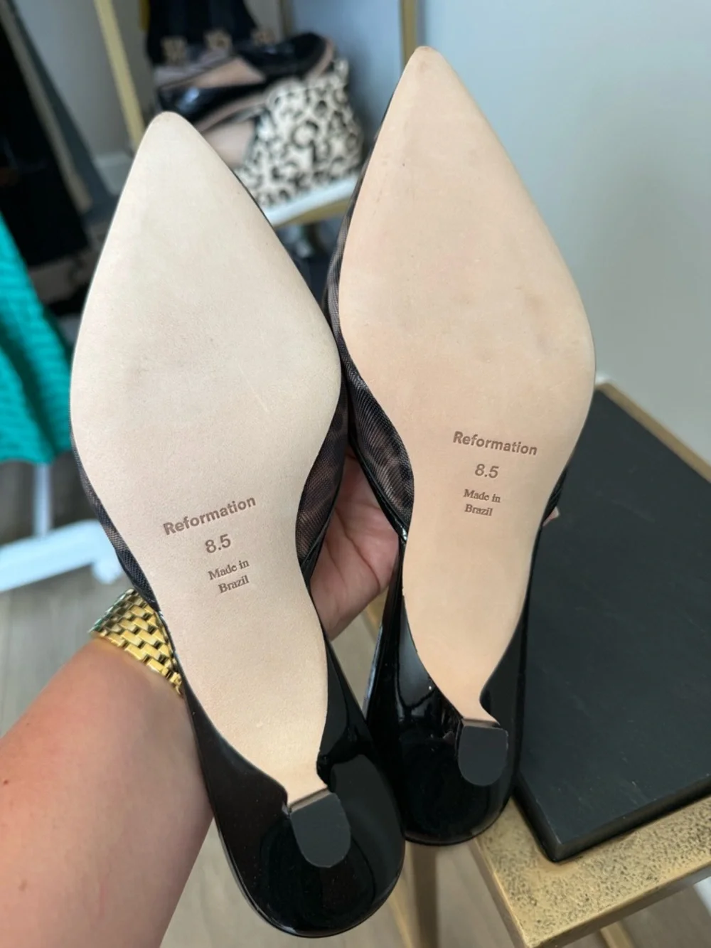 Reformation Wilda Kitten Heel Mules in a leopard print mesh fabric NWT - Picture 12 of 14